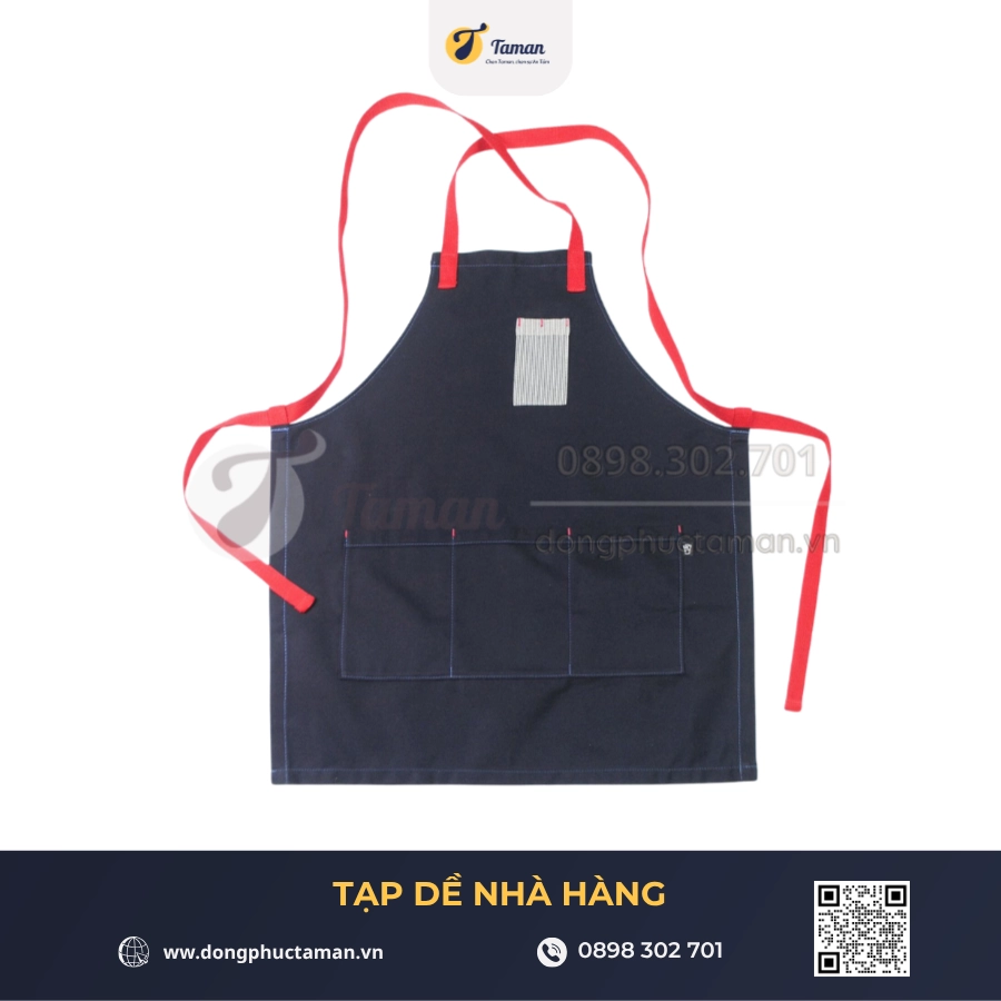 Tạp dề yếm tối màu phối dây đỏ, túi phía trước