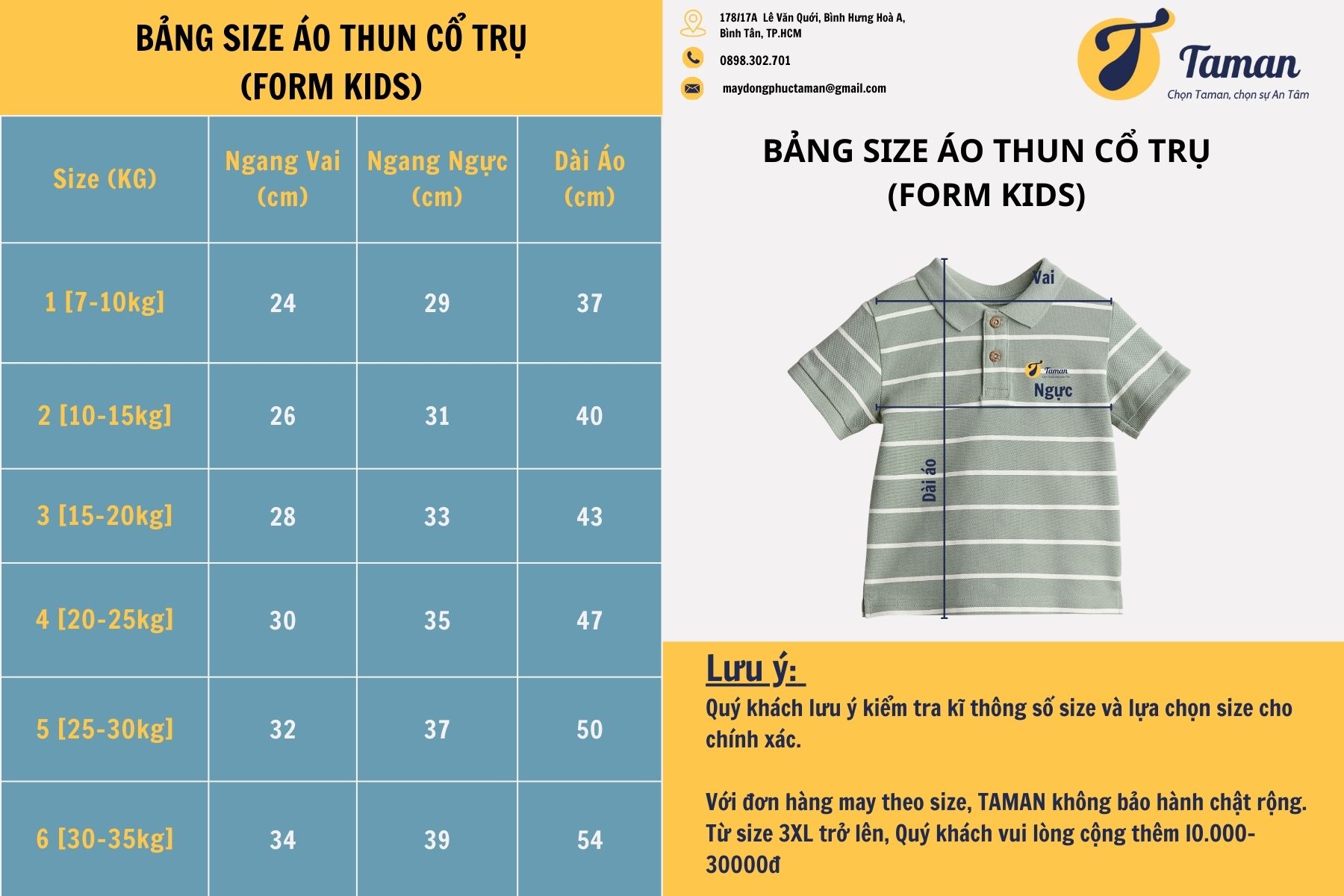 Bảng size áo thun đồng phục