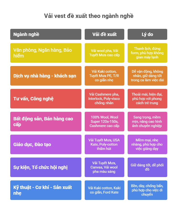 Các chất liệu vải may vest theo ngành nghề/doanh nghiệp
