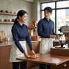 Nhân viên mặc đồng phục cà phê hiện đại với áo polo và tạp dề chuyên nghiệp