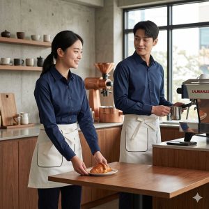 Nhân viên mặc đồng phục cà phê hiện đại với áo polo và tạp dề chuyên nghiệp