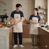 Đồng phục quán cafe phong cách hiện đại cho nhân viên nam nữ, thiết kế chuyên nghiệp, tạp dề phối màu tối giản phù hợp quán cà phê và nhà hàng.