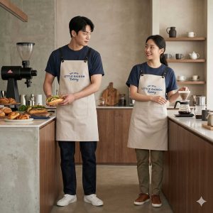 Đồng phục quán cafe phong cách hiện đại cho nhân viên nam nữ, thiết kế chuyên nghiệp, tạp dề phối màu tối giản phù hợp quán cà phê và nhà hàng.