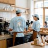 Mẫu đồng phục nhân viên cafe hiện đại gồm áo thun màu xanh nhạt phối tạp dề nâu và nón lưỡi trai đồng bộ, in logo thương hiệu thiết kế bởi Tâm An.